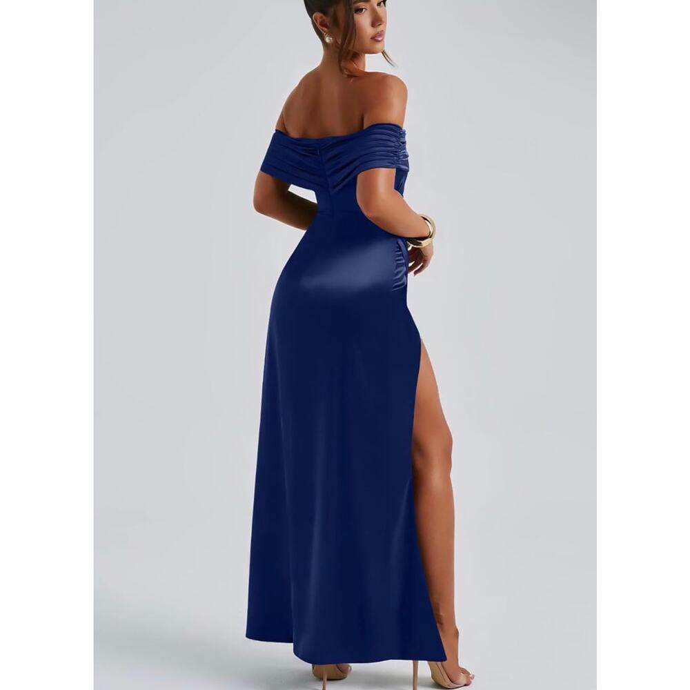 elegant viral off the shoulder wedding guest summer gown dress dark navy S - Picture 3 of 11